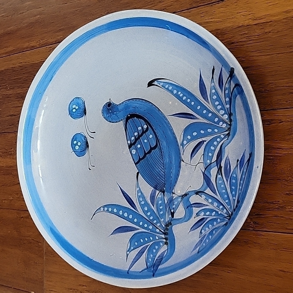 Vtg, Tonala Mexican Folk Art, Large Serving Plate, Bird, Blue, Artist Signed